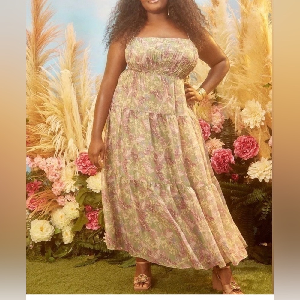 Eloquii Cream Floral Smocked Tiered Maxi Dress
